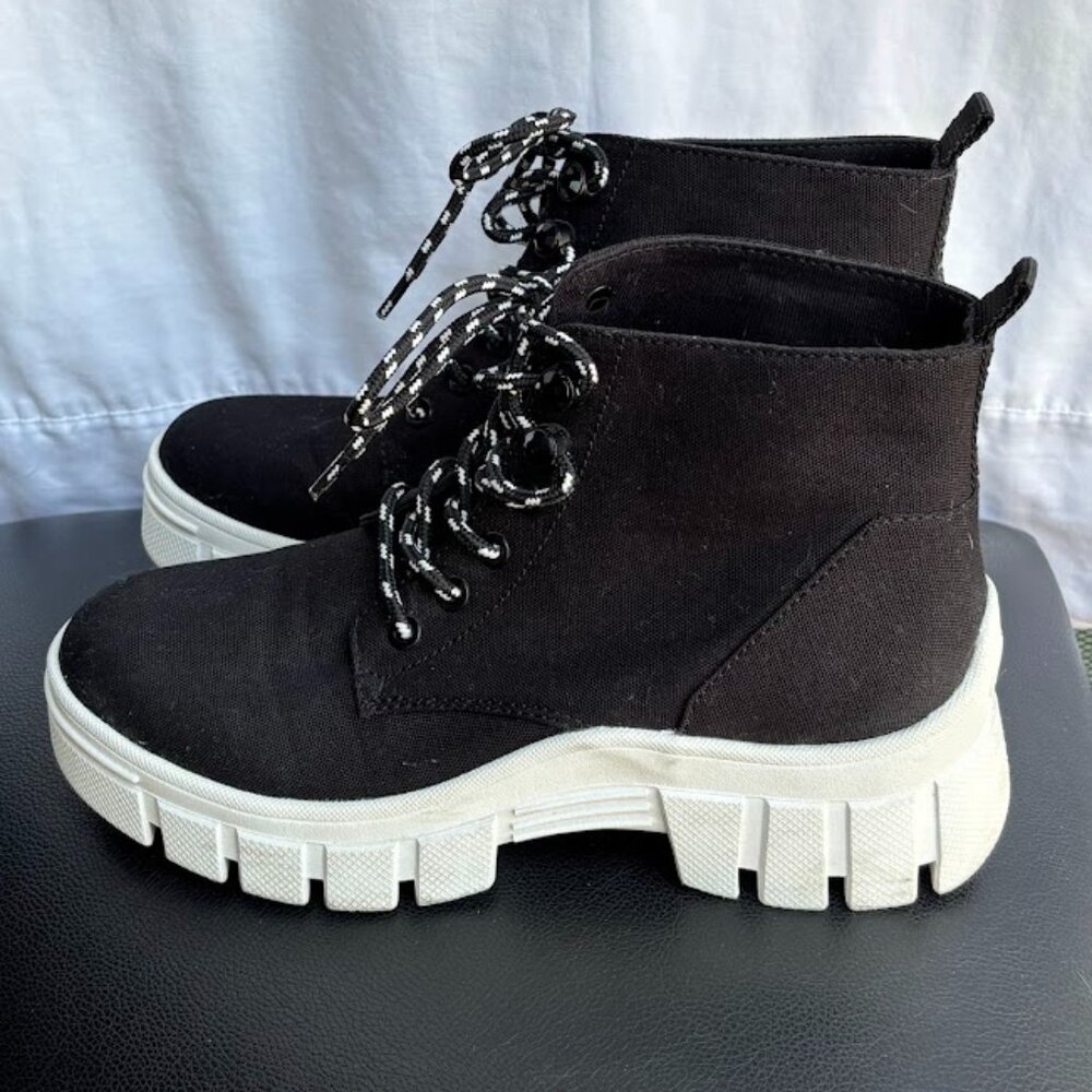 Guess Black Canvas Platform Lace-Up Boots with White Soles